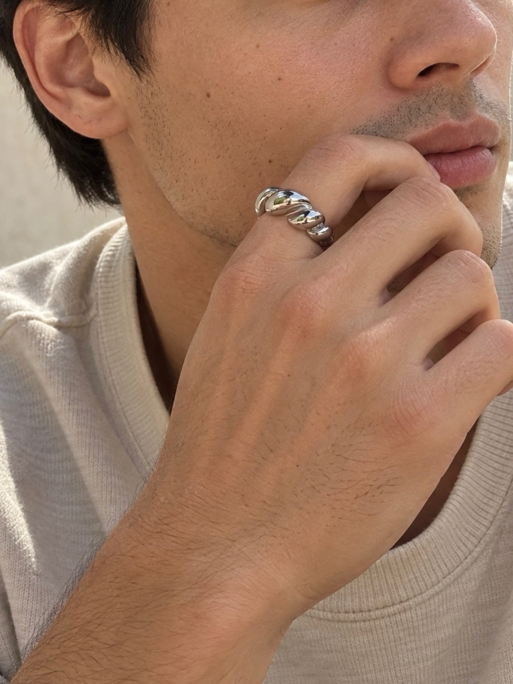 Chunky Silver Tone Croissant Twist Ring – Unisex Sculptural